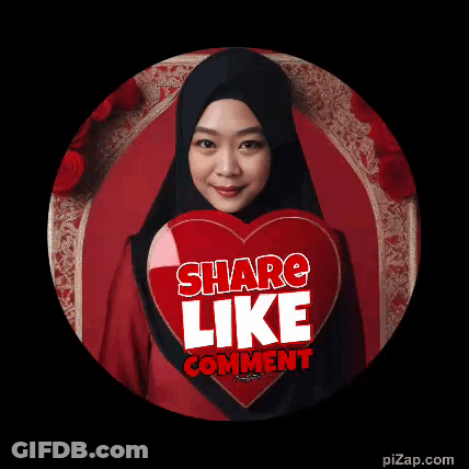 A Woman In A Hijab Is Holding A Red Heart With The Words Share Like Comment On It GIF