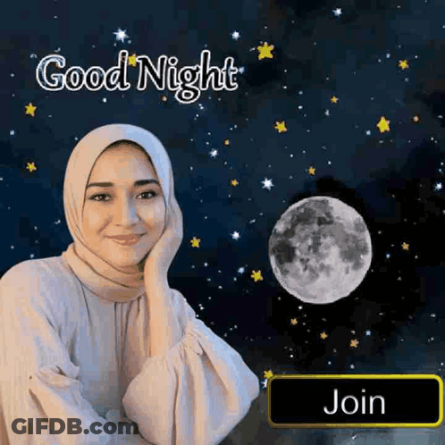 A Woman In A Hijab Is Sitting In Front Of A Full Moon And Stars . GIF