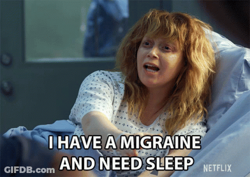 A Woman In A Hospital Bed With A Caption That Says I Have A Migraine And Need Sleep GIF