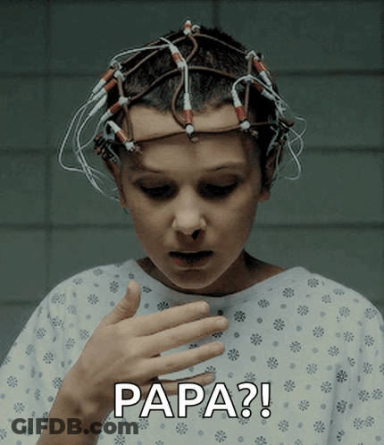 A Woman In A Hospital Gown With Wires On Her Head Says Papa GIF