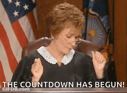A Woman In A Judge 'S Chair With The Words " The Countdown Has Begun " Behind Her GIF