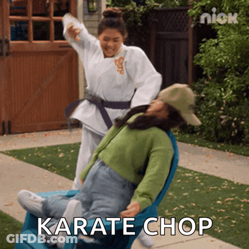 A Woman In A Karate Uniform Is Kicking Another Woman In A Chair With The Words Karate Chop Written On The Bottom GIF
