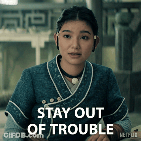 A Woman In A Kimono Says " Stay Out Of Trouble " On A Netflix Poster GIF