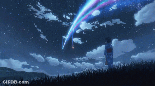 A Woman In A Kimono Stands In A Field Watching A Star Shine Through The Clouds GIF