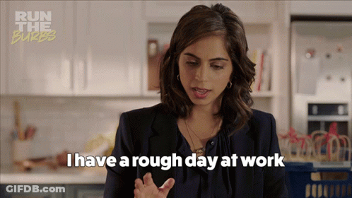 A Woman In A Kitchen Says I Have A Rough Day At Work GIF