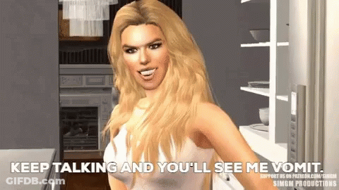 A Woman In A Kitchen With The Words Keep Talking And You 'Ll See Me Vomit GIF