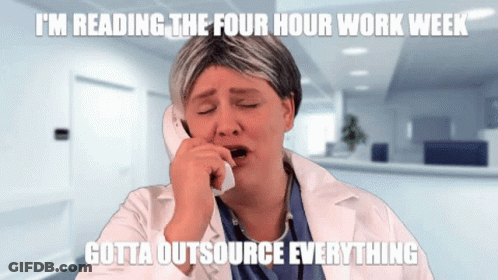 A Woman In A Lab Coat Is Yawning While Talking On A Phone With The Caption I 'M Reading The Four Hour Work Week GIF