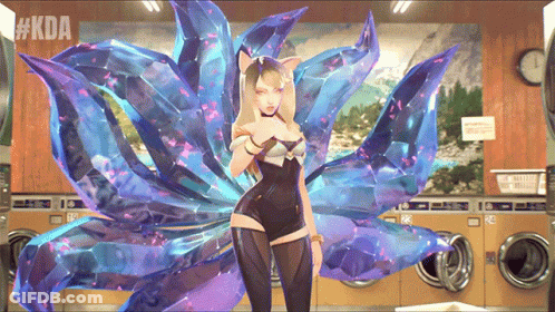 A Woman In A Laundromat With #Kda On The Bottom Right GIF
