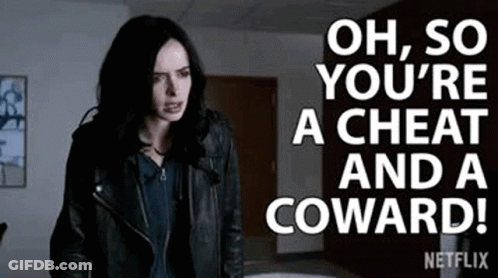 A Woman In A Leather Jacket Is Saying `` Oh , So You 'Re A Cheat And A Coward '' . GIF