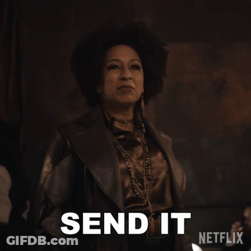 A Woman In A Leather Jacket Says Send It In White Letters GIF