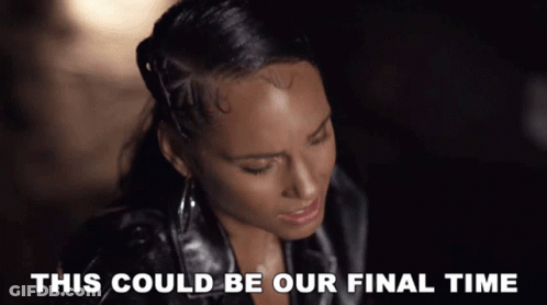 A Woman In A Leather Jacket With The Words This Could Be Our Final Time Behind Her GIF