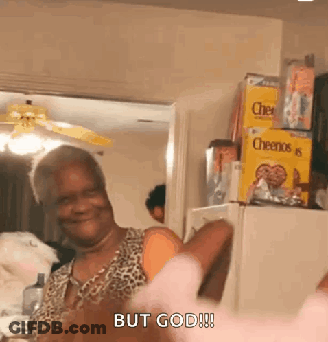 A Woman In A Leopard Print Shirt Is Standing In Front Of A Refrigerator . GIF