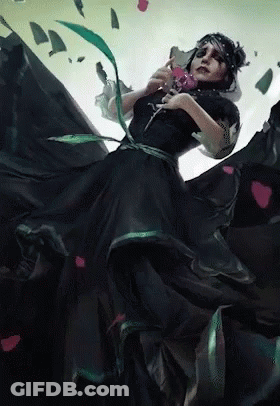 A Woman In A Long Black Dress Is Holding A Pink Rose GIF