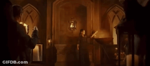 A Woman In A Long Dress Is Standing In A Room With Candles And A Torch . GIF