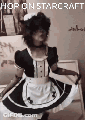 A Woman In A Maid Costume Is Dancing With The Words Hop On Starcraft Above Her GIF