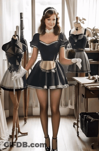 A Woman In A Maid Costume Is Standing In Front Of A Window GIF