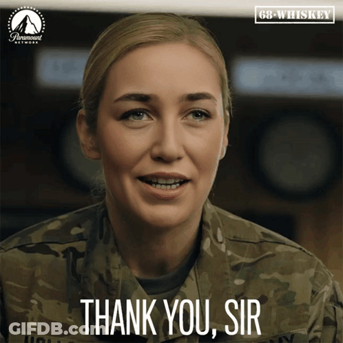 A Woman In A Military Uniform Is Smiling And Says " Thank You Sir " GIF