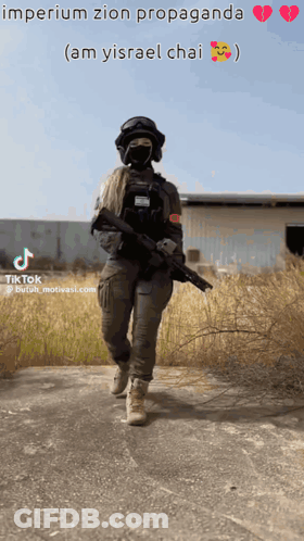 A Woman In A Military Uniform Is Walking With A Gun And The Caption Imperium Zion Propaganda ( Am Yisrael Chai ) GIF