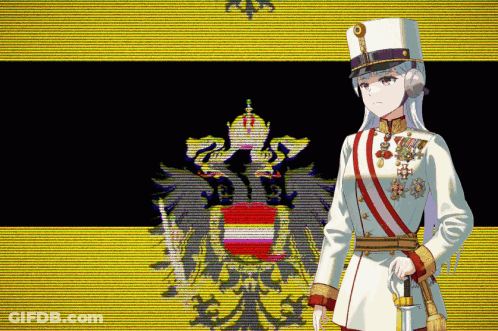 A Woman In A Military Uniform Stands In Front Of A Yellow And Black Flag GIF