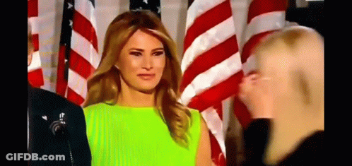 A Woman In A Neon Green Dress Is Standing In Front Of American Flags And Talking To A Man . GIF