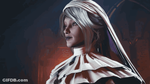 A Woman In A Nun Costume Has A Purple Necklace Around Her Neck GIF