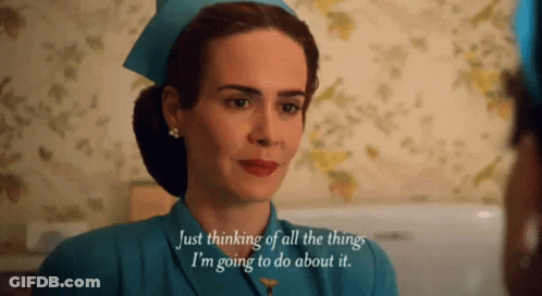 A Woman In A Nurse Uniform Says " Just Thinking Of All The Things I 'M Going To Do About It . " GIF
