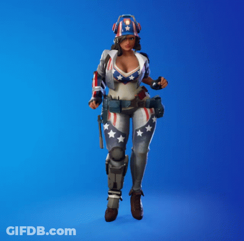 A Woman In A Patriotic Outfit Is Holding A Gun On A Blue Background GIF