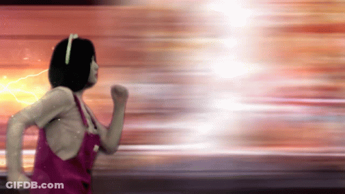A Woman In A Pink Apron Is Running With A Lightning Bolt Behind Her GIF