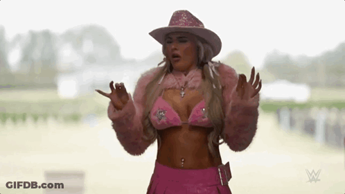 A Woman In A Pink Bikini And Cowboy Hat Is Standing In Front Of A Window With Her Arms Outstretched . GIF