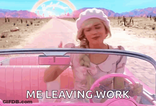 A Woman In A Pink Car With The Words Me Leaving Work On The Bottom GIF