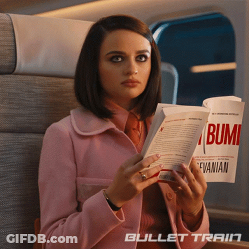 A Woman In A Pink Coat Is Reading A Book Called Bumi By Evanian GIF