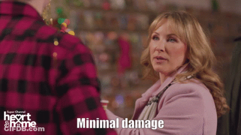 A Woman In A Pink Coat Is Standing Next To A Man In A Plaid Shirt With The Words Minimal Damage Written Below Her GIF