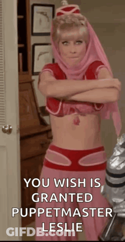 A Woman In A Pink Costume Is Standing In Front Of A Door With Her Arms Crossed And A Quote . GIF
