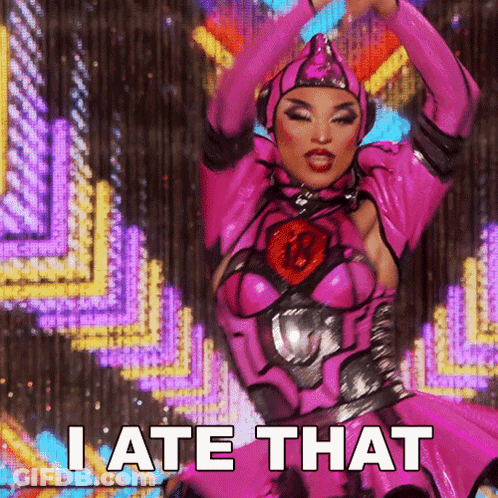 A Woman In A Pink Costume With The Words I Ate That Below Her GIF
