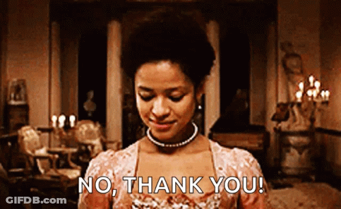 A Woman In A Pink Dress And Pearl Necklace Says No Thank You GIF