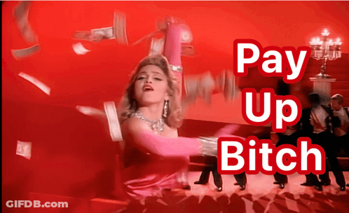 A Woman In A Pink Dress Is Dancing With The Words Pay Up Bitch Below Her GIF