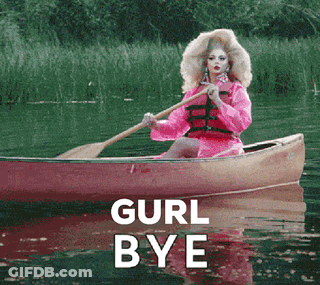 A Woman In A Pink Dress Is Paddling A Canoe With The Words Gurl Bye Written On The Bottom GIF