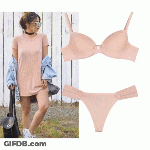 A Woman In A Pink Dress Is Standing Next To A Bra And Thong GIF