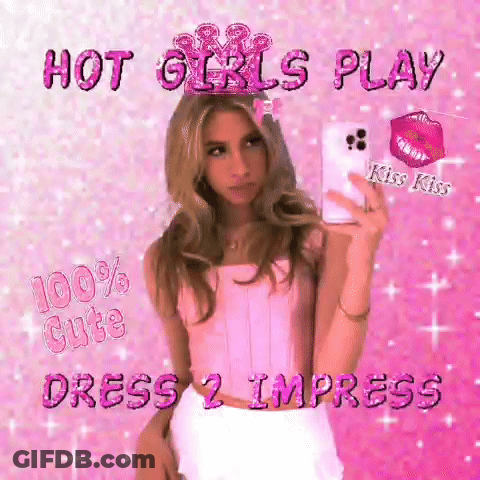 A Woman In A Pink Dress Is Taking A Picture Of Herself With Her Phone . GIF