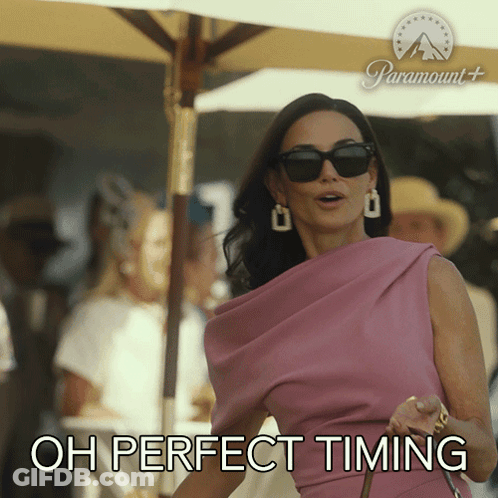 A Woman In A Pink Dress Says " Oh Perfect Timing " GIF
