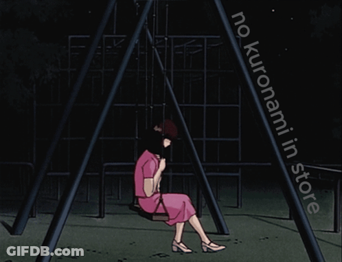 A Woman In A Pink Dress Sits On A Swing In A Dark Park GIF