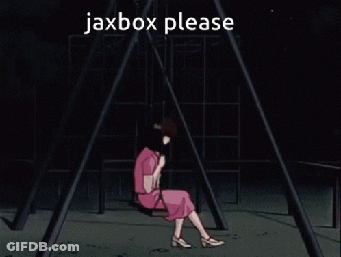 A Woman In A Pink Dress Sits On A Swing With The Text Jaxbox Please GIF