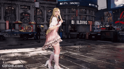A Woman In A Pink Dress Stands In Front Of A Building That Says Building 765 GIF
