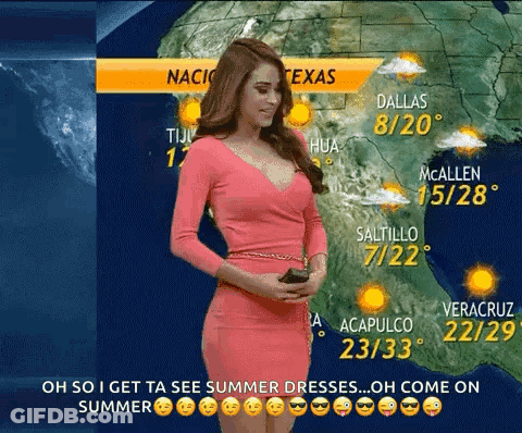 A Woman In A Pink Dress Stands In Front Of A Map Showing The Weather In Texas GIF