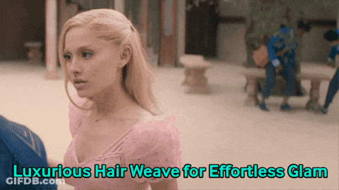 A Woman In A Pink Dress With The Words Luxurious Hair Weave For Effortless Glam Below Her GIF