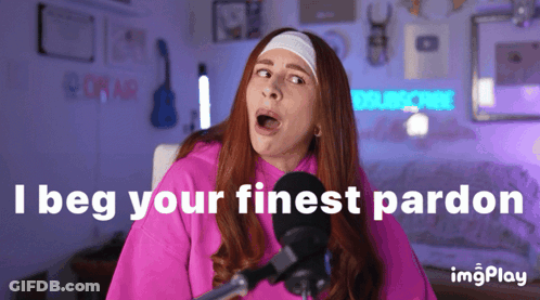 A Woman In A Pink Hoodie Stands In Front Of A Microphone And Says " I Beg Your Finest Pardon " GIF