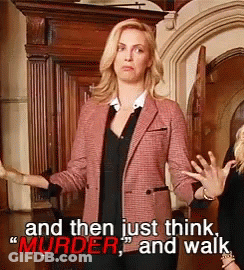A Woman In A Pink Jacket Says " And Then Just Think " Murder And Walk GIF