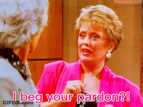 A Woman In A Pink Jacket Says " I Beg Your Pardon " To Another Woman GIF