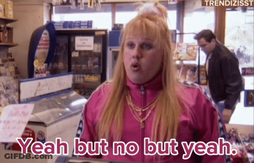 A Woman In A Pink Jacket Says " Yeah But No But Yeah " In A Store GIF