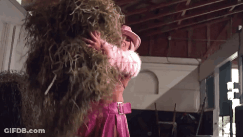 A Woman In A Pink Outfit Is Holding A Pile Of Hay . GIF